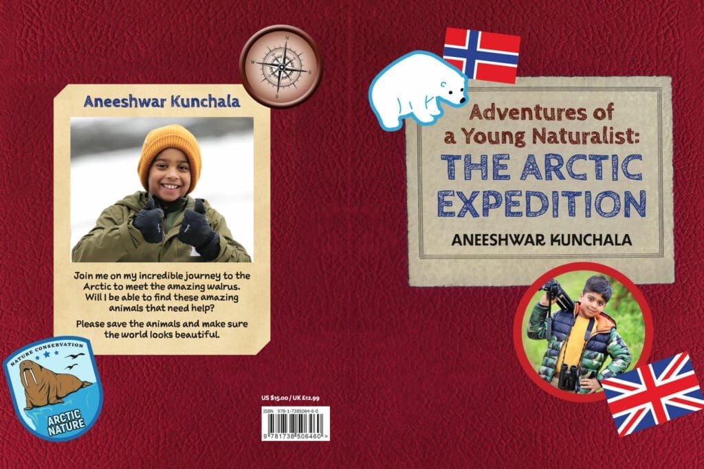 Aneeshwar_book The book cover of Aneeshwar's book, Adventures of a Young Naturalist. Red over with two photos of Aneeshwar on it.