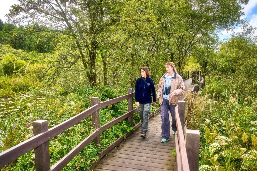 DSC04105 Two women walk a boardwalk surrounded by trees and greenery