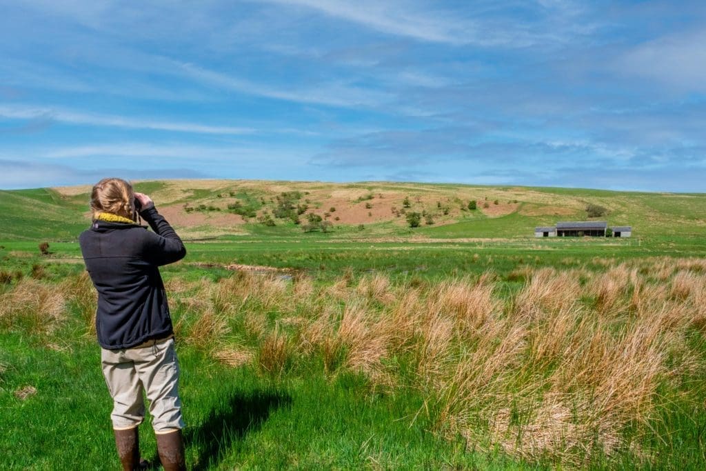 Gallery4_AndyHay A woman looking through binoculars, stood in Cairngorms National Park