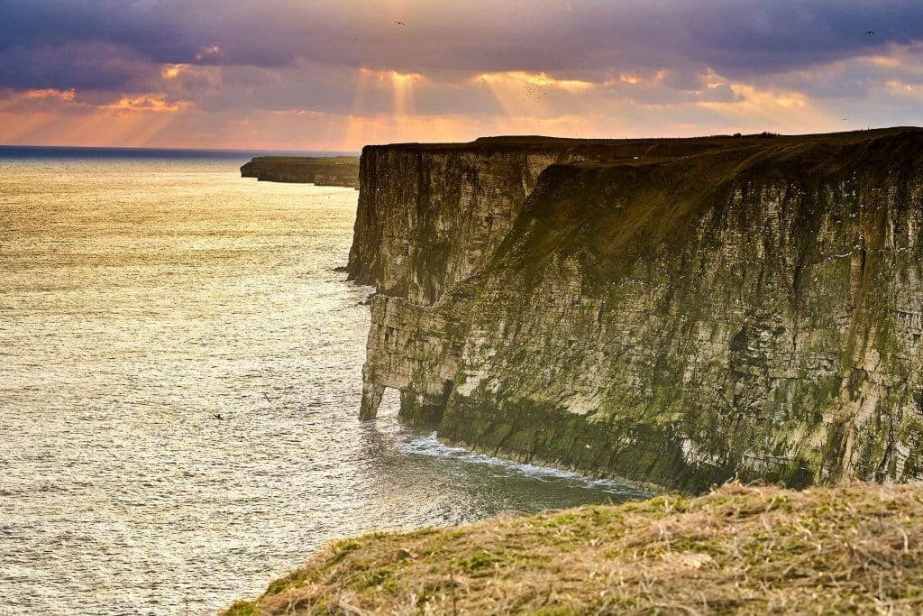_DSC7363 Cliffs with the sun breaking through the clouds at Bempton Cliffs