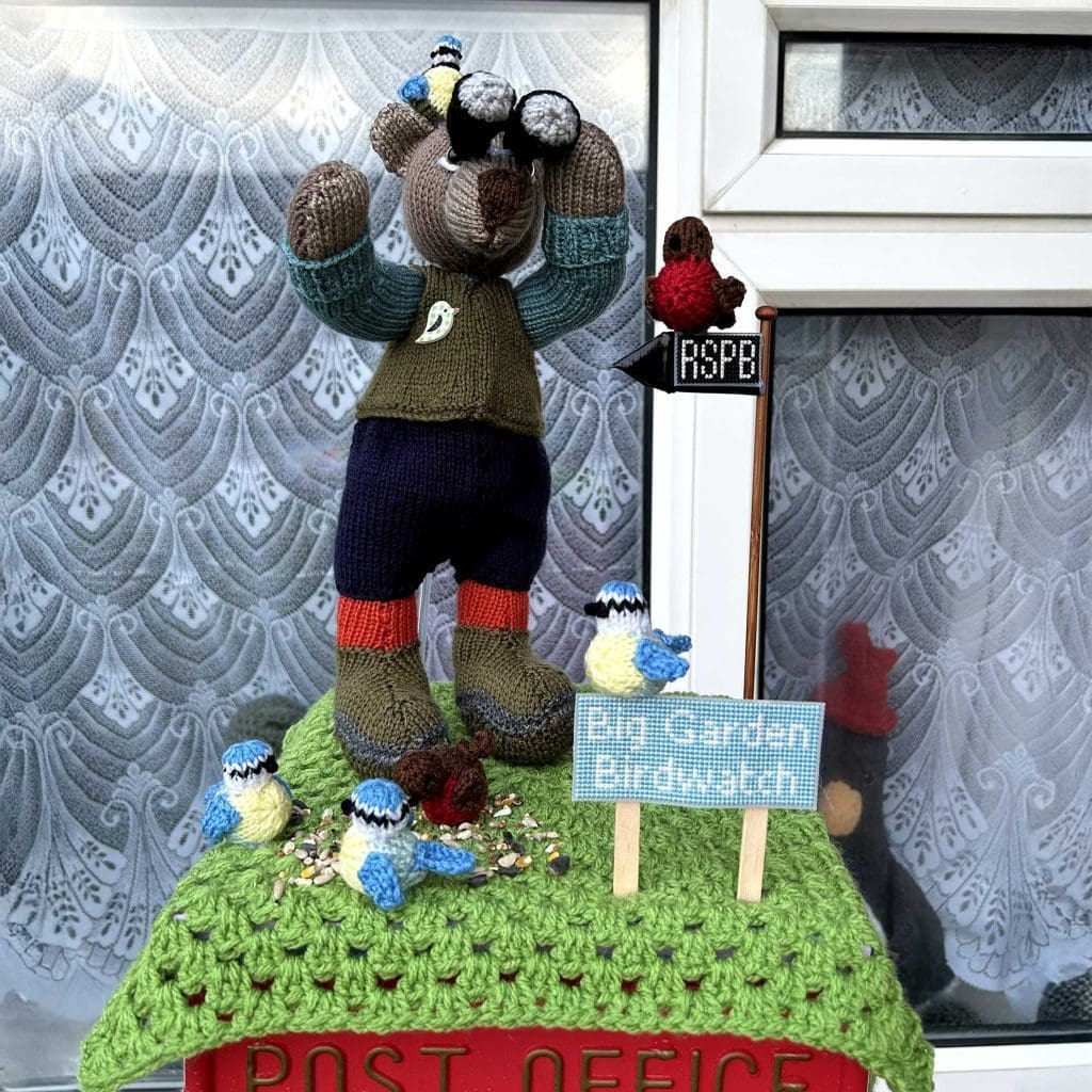Image001 A knitted bear on top of a postbox. The bear is looking through binoculars and surrounded by knitted birds and a cross stitch 'Big Garden Birdwatch' sign