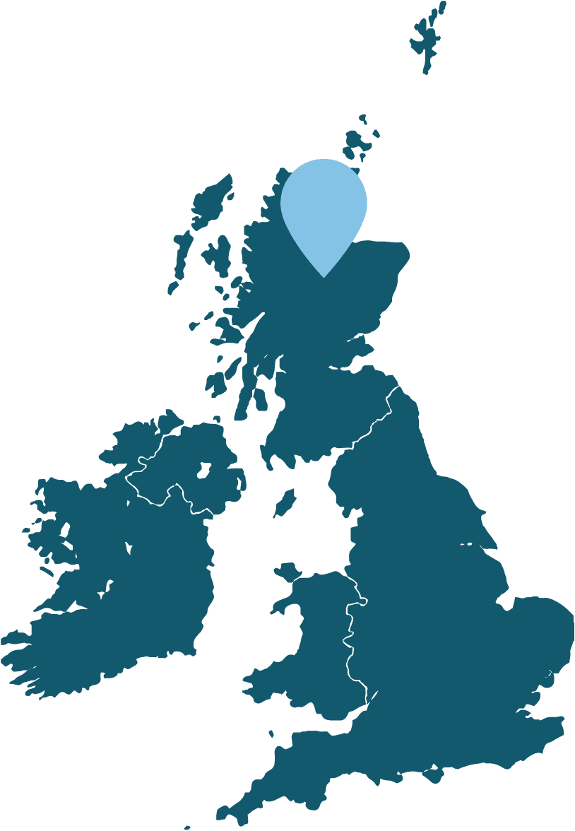 Map of the United Kingdom and Ireland, with an arrow pointing to RSPB Abernethy's location, in central Northern Scotland